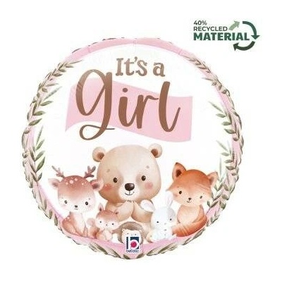 GRABO Kruh "It´s a Girl" lesní zvířátka 18" 46cm fóliový balónek