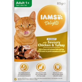 Iams IAMS-Naturally храна за възрастни котки, с ароматно пилешко и пуешко месо в сос, 85 г