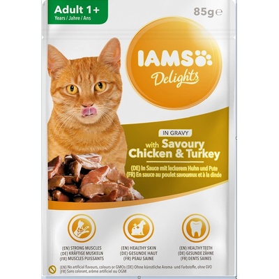 Iams IAMS-Naturally храна за възрастни котки, с ароматно пилешко и пуешко месо в сос, 85 г