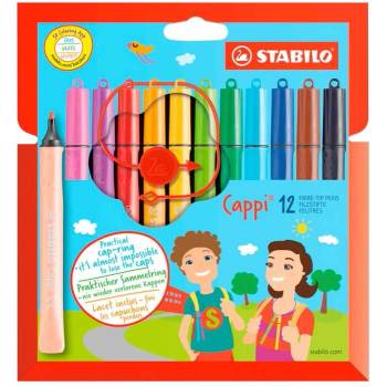 STABILO Cappi Fibre-Tip Pen with Cap-Ring Assorted Colours + 1 Cap-Ring - комплект маркири за рисуване (12 броя) (D68415)