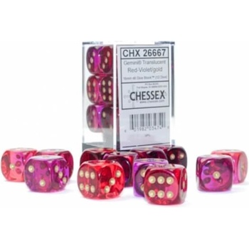 Chessex Sada kociek Chessex Gemini 16 mm D6 Transculent Red-Violet/Gold 12 ks