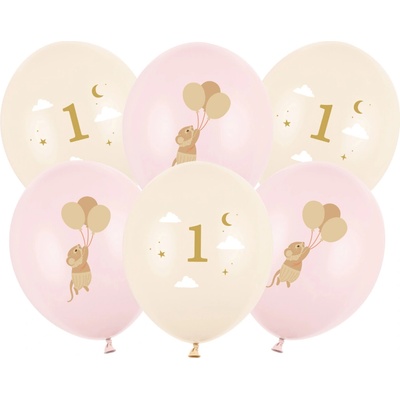 PartyDeco Balonky latex číslo 1 s myškou růžový mix 30 cm