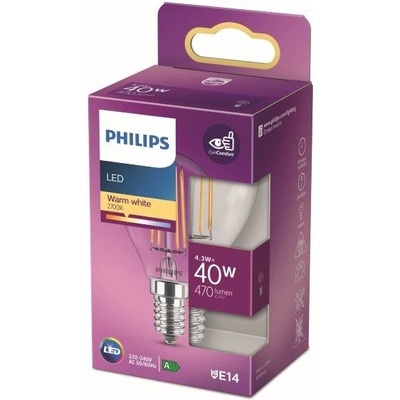Philips LED žiarovka 1x4,3W E14 470lm 2700K teplá biela, číra, EyeComfort