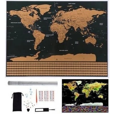 Velká Stírací mapa světa s vlajkami Deluxe 82 x 59 cm s příslušenstvím černá