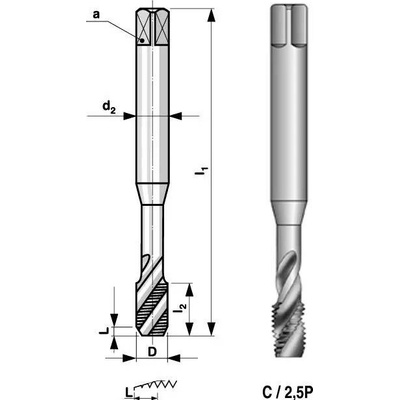 M6 Strojní závitník PN 8/1371, HSS, válcované se šroubovitými drážkami 35°