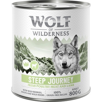 Wolf of Wilderness 6x800г Steep Journey Adult Wolf of Wilderness, консервирана храна за кучета - птиче месо с агнешко, без зърно
