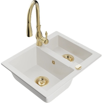 Mexen Carlos гранитна мивка 1, 5-камерна с кухненски смесител Savita, бял - 6518-20-672601-50 (6518-20-672601-50)