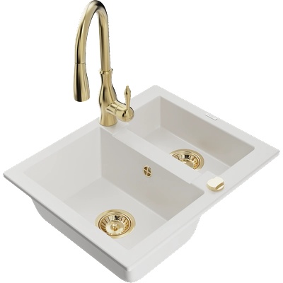 Mexen Carlos гранитна мивка 1, 5-камерна с кухненски смесител Savita, бял - 6518-20-672601-50 (6518-20-672601-50)