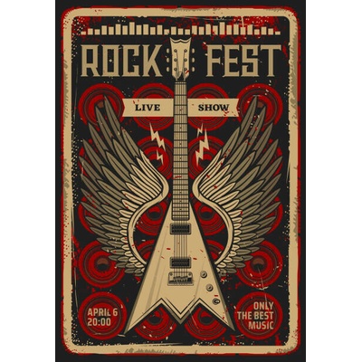 Plagát, Obraz - Rock guitar retro poster, music festival concert, seamartini, 26.7 × 40 cm