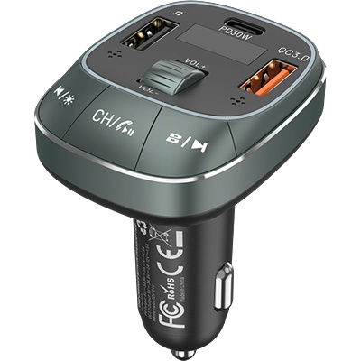 Vention USB-C+A+A (3 порта, 30 W/18 W/5 W, FM предавател, черен), зарядно устройство
