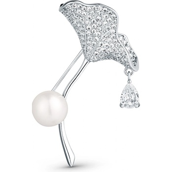 JwL Luxury Pearls Trblietavá brošňa s kryštálmi a pravou perlou Ginkgo JL0838