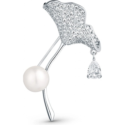 JwL Luxury Pearls Trblietavá brošňa s kryštálmi a pravou perlou Ginkgo JL0838
