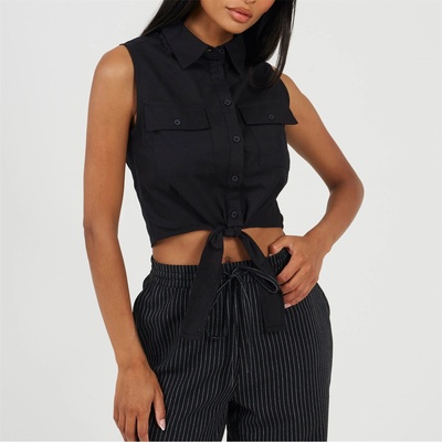 Brave Soul Womens Sleeveless Collared Top with Tie Detail - Black