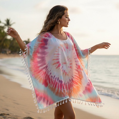 Бяла туника за плаж със свеж принт и пискюли