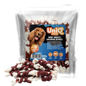 Uniq Pets Chewy Beef Wraps Calcium Bones дъвчащи лакомства за кучета с говеждо, 500 г