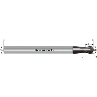 Karnasch 3064770250 | Tvrdokovová 3D rádiusová fréza, povlakovaná 2,5/1,25x2,5-80x6 mm, Z=2