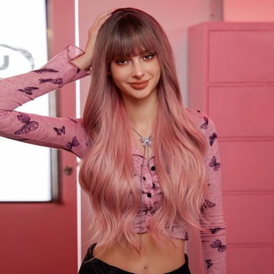 Amber dlouhá starorůžová paruka s tmavými kořínky a ofinou