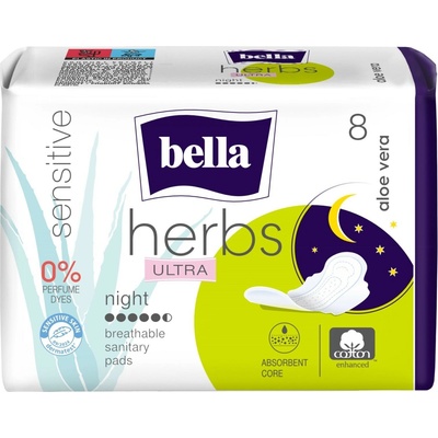 Bella Herbs Ultra Night vložky na noc Aloe Vera pre citlivú pokožku 8 ks