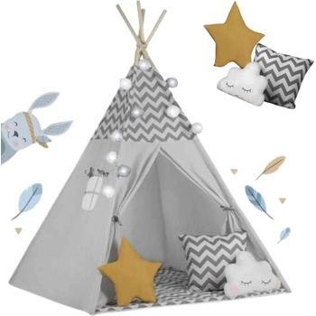 Nukido Детска индианска палатка Nukido с верижни светлини и аксесоари - бяло-сиво (740021)