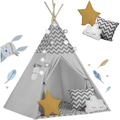 Nukido Детска индианска палатка Nukido с верижни светлини и аксесоари - бяло-сиво (740021)