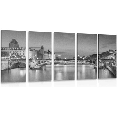 5-dílný obraz oslňující panorama Paříže v černobílém provedení - 150x75