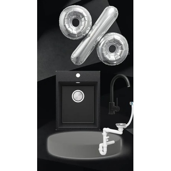 Твоят Стил Графитна кухненска гранитна мивка Рига 40 XL 380 x 500 мм, Смесител 5010, Сифон