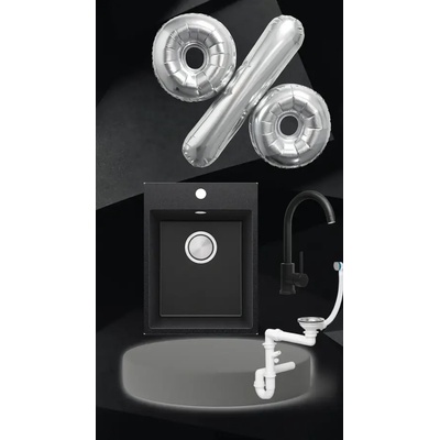 Твоят Стил Графитна кухненска гранитна мивка Рига 40 XL 380 x 500 мм, Смесител 5010, Сифон