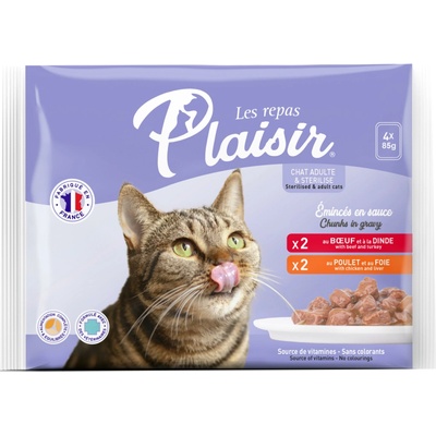 Plaisir Cat pro dospělé i kastrované kočky hovädzie kuřecí 4 x 85 g