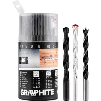 GRAPHITE Комплект свредла за метал, дърво, тухла: 3, 4, 5, 6, 8, 10 мм, 18 бр. 54t430 (54t430)