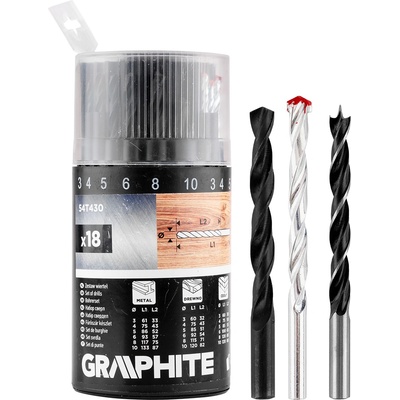 GRAPHITE Комплект свредла за метал, дърво, тухла: 3, 4, 5, 6, 8, 10 мм, 18 бр. 54t430 (54t430)
