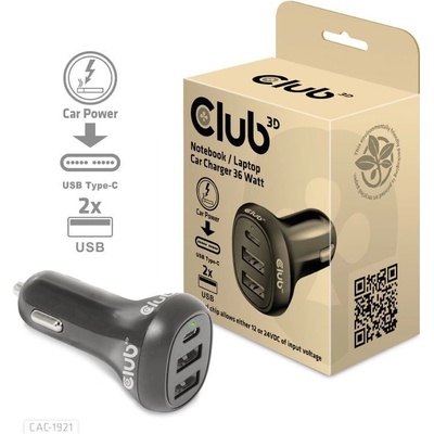 Club 3D Auto nabíječka pro Notebooky 36W, 3 porty (2xUSB-A + USB-C) CAC-1921