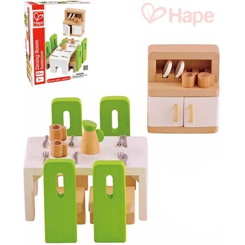Hape DŘEVO Jídelna herní set nábytek s doplňky 23 dílků