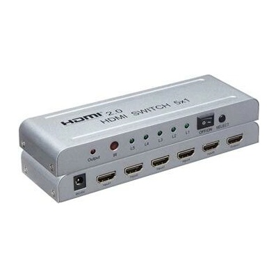 PremiumCord 4Kx2K@60Hz HDMI switch 5:1 kovový s diaľkovým ovládačom a napájacím adaptérom, khswit51e