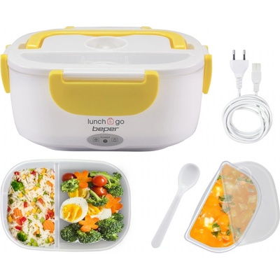Beper Електрическа кутия за обяд Beper 90.920G, 40W, 1 л, До 60C, 2 подвижни oтделения, Светлинен индикатор, Бял/Жълт (90.920G)