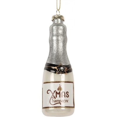 Stříbrná skleněná vánoční ozdoba láhev šampaňského Xmas Champagne 4x13 cm