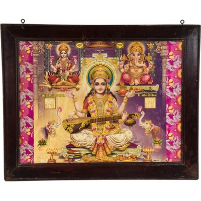 Sanu Babu Lakšmí, Saraswatí, Ganéš, starý obraz v teakovém rámu, 71x56cm
