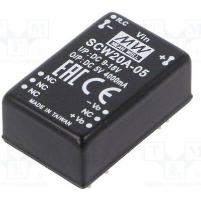 MEAN WELL SCW20A-05 Měnič: DC/DC; 20W; Uvst: 9÷18VDC; Uvýst: 5VDC; Ivýst: 4000mA; DIP24