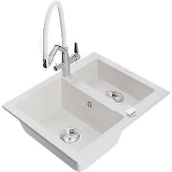 Mexen Carlos гранитна мивка с 1, 5 отделения и кухненски смесител Duo, бял - 6518-20-671701-02 (6518-20-671701-02)