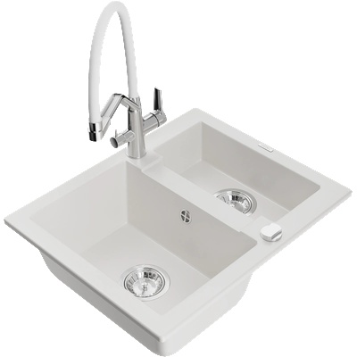 Mexen Carlos гранитна мивка с 1, 5 отделения и кухненски смесител Duo, бял - 6518-20-671701-02 (6518-20-671701-02)