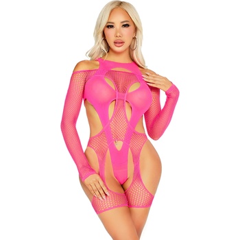 Leg Avenue Fishnet Garter Harness & Teddy 89356 Neon Pink