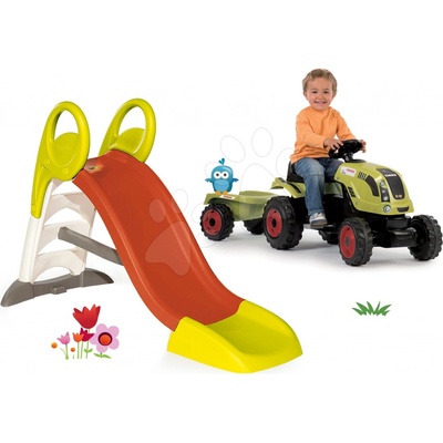 Smoby Set šmykľavka Toboggan KS 150 cm stredná a traktor na šliapanie Claas Farmer XL s prívesom