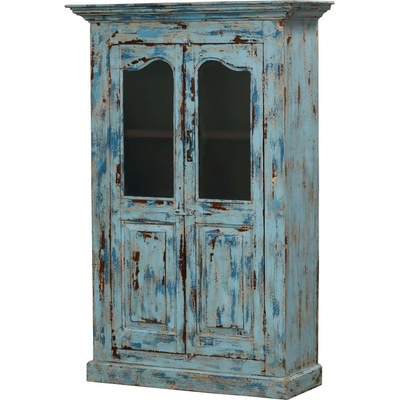 Sanu Babu Prosklená skříň z teakového dřeva, tyrkysová patina, 111x43x168cm