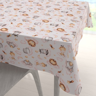 Biante Dětský bavlna čtvercový ubrus Sandra SA-658 Africká zvířátka na růžových obláčcích na bílém 150x150 cm