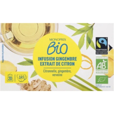 Monoprix Biologique BIO Čaj s příchutí citronové trávy verbeny a zázvoru 20 sáčků