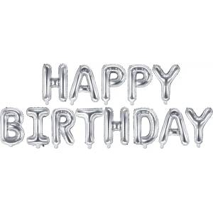 PartyDeco Балон от фолио - Happy Birthday сребърен надпис 340x35см