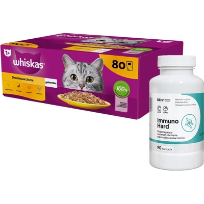 Whiskas Adult Hydinové kúsky kuracím kačacím hydinovým morčacím mäsom v želé 80 x 85 g a & LAB-V Immuno Hard 90 kapsúl