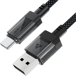 ACEFAST - Кабел за данни (C12-04) - Бързо зареждане, USB към Type-C, 3A, Прозрачен корпус, Плетена найлонова обвивка, 1.2 м - Черен