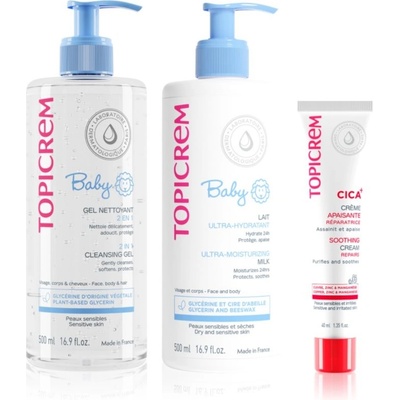 Topicrem Gift Box Topicrem Soothing Cream regeneračný a upokojujúci krém 100 ml + Topicrem BABY My 1st Ultra-Moisturizing Milk hydratačné mlieko na telo a tvár pre suchú a citlivú pokožku 500 ml + Top