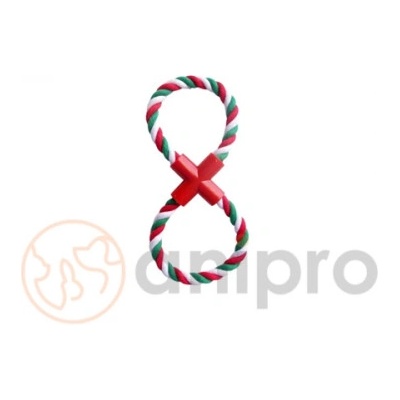 Anipro Play - Въжена играчка за кучета, осмица бяло/зелено/червено 28 см, 110-120 гр