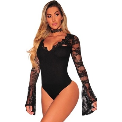 Dámské Body Black Lace Bell Sleeves Bodysuit